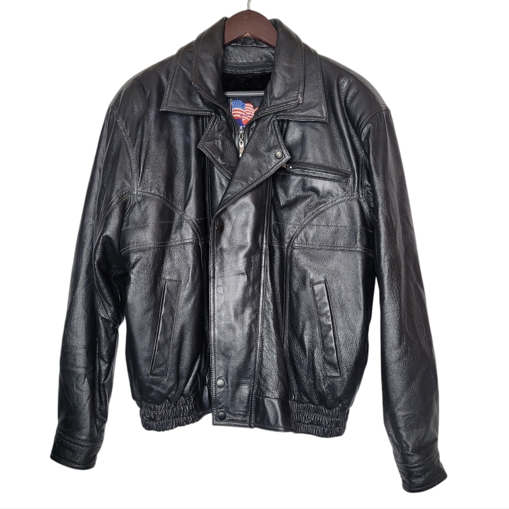 U.S.A. Leather Men Double Collar Bomber Leather Jacket Size Medium